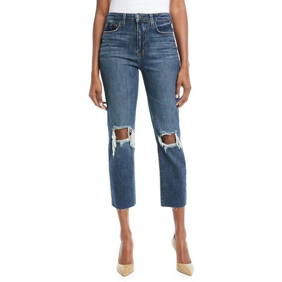 L’Agence Jeans Audrina Size 25 Blue Destructed Knee Crop Straight Leg Denim - Picture 2 of 11